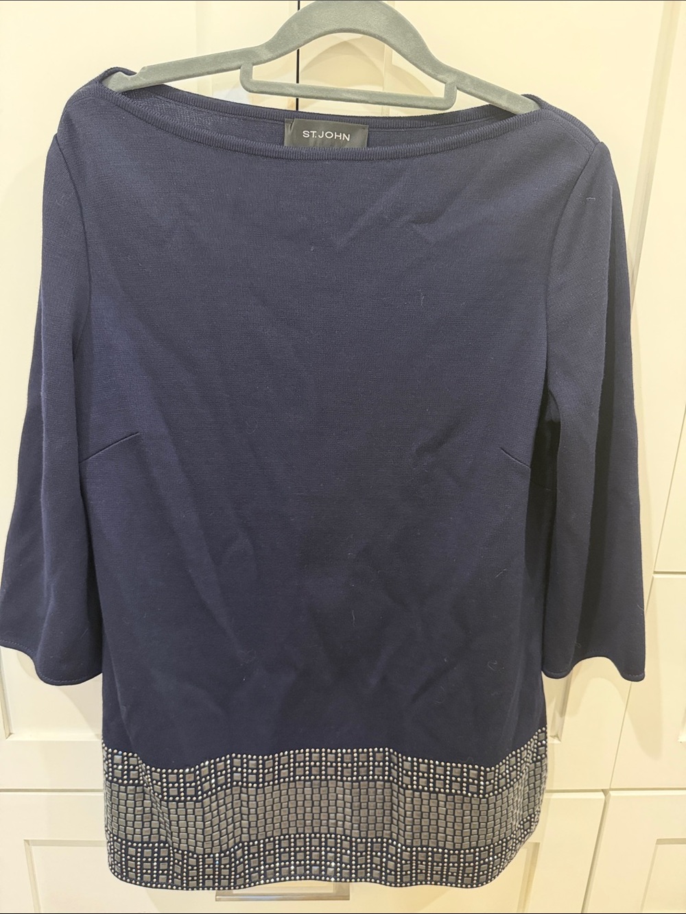 St. John Navy Boatneck Top with Silver Embellished Hem - Size 8.